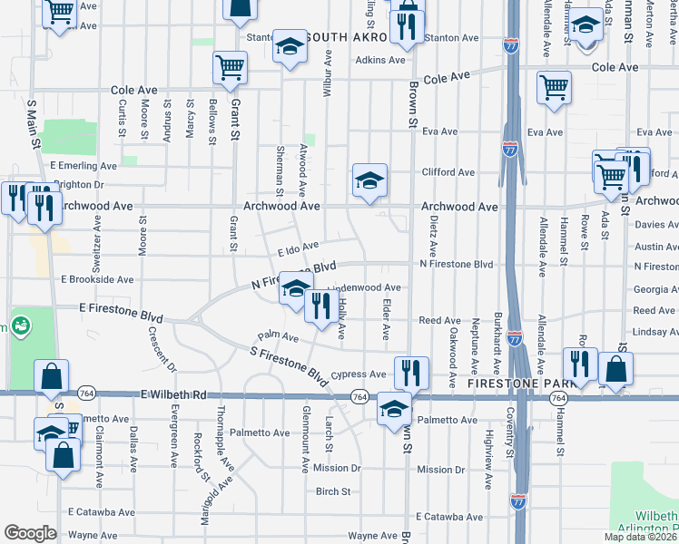 map of restaurants, bars, coffee shops, grocery stores, and more near 386 North Firestone Boulevard in Akron
