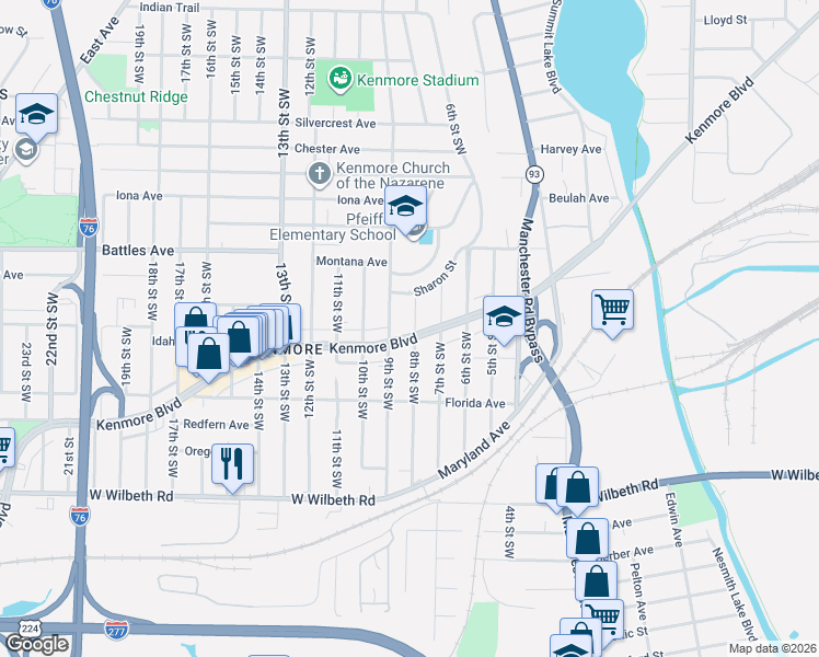 map of restaurants, bars, coffee shops, grocery stores, and more near 2155 8th Street Southwest in Akron
