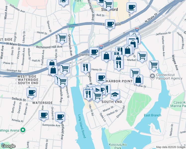 map of restaurants, bars, coffee shops, grocery stores, and more near 323 Washington Boulevard in Stamford