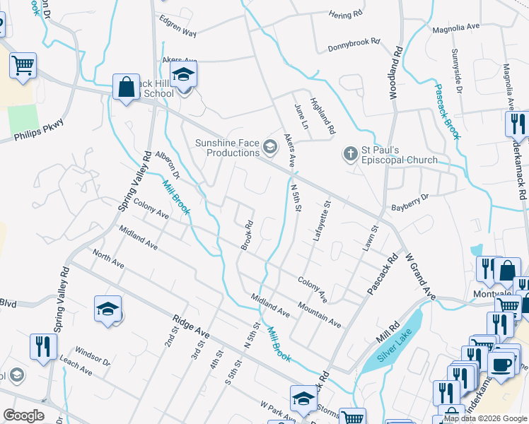 map of restaurants, bars, coffee shops, grocery stores, and more near 3 Marti Road in Park Ridge