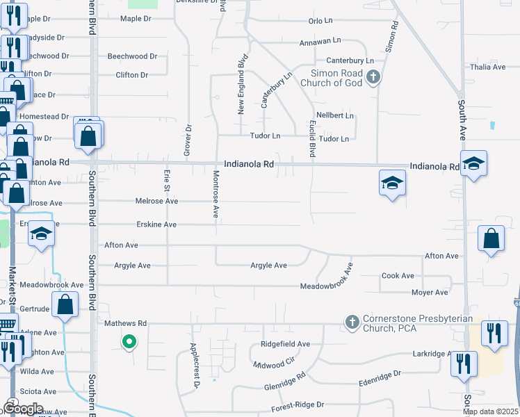 map of restaurants, bars, coffee shops, grocery stores, and more near 367 Melrose Avenue in Youngstown