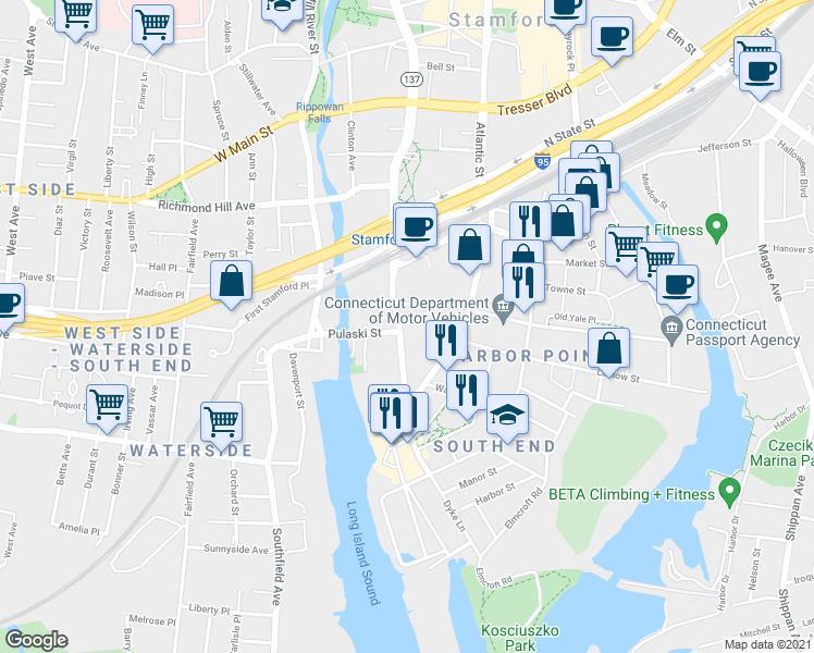 map of restaurants, bars, coffee shops, grocery stores, and more near 325 Washington Boulevard in Stamford