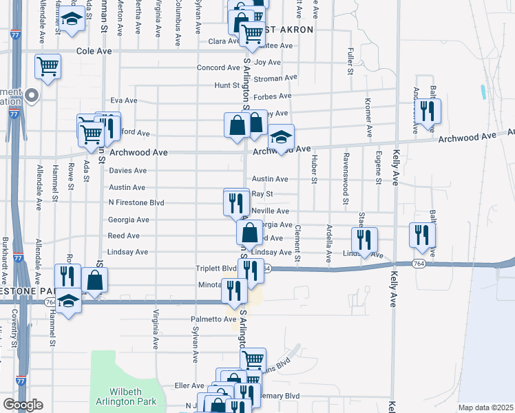 map of restaurants, bars, coffee shops, grocery stores, and more near 1011 South Arlington Street in Akron