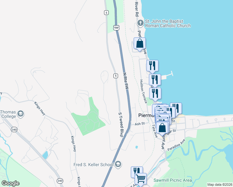 map of restaurants, bars, coffee shops, grocery stores, and more near 250 Tweed Boulevard in Nyack
