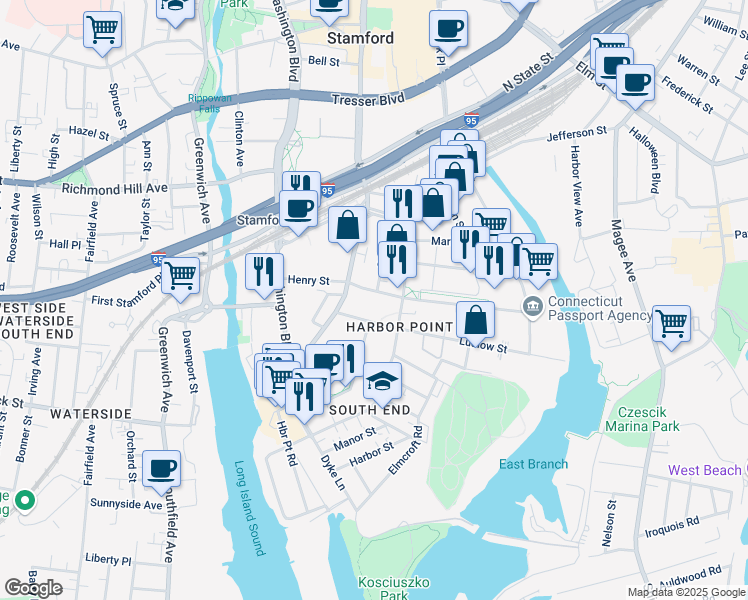map of restaurants, bars, coffee shops, grocery stores, and more near 34 Woodland Avenue in Stamford