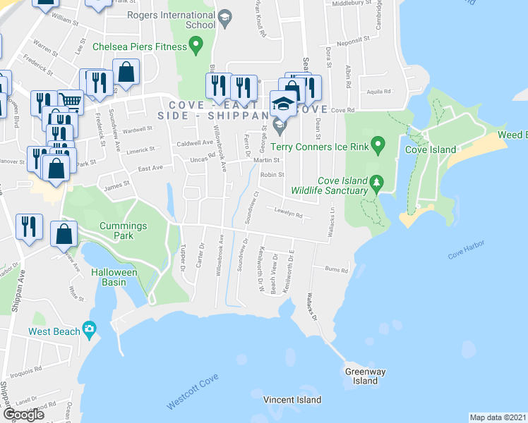 map of restaurants, bars, coffee shops, grocery stores, and more near 3 Lewelyn Road in Stamford