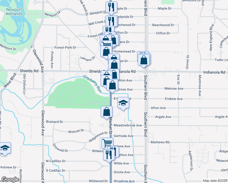 map of restaurants, bars, coffee shops, grocery stores, and more near 5325 Market Street in Boardman