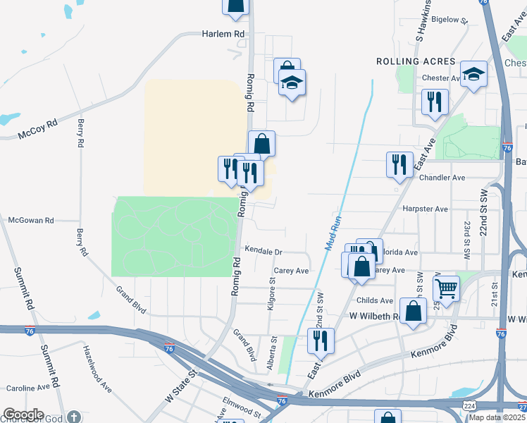 map of restaurants, bars, coffee shops, grocery stores, and more near 2577 Romig Road in Akron
