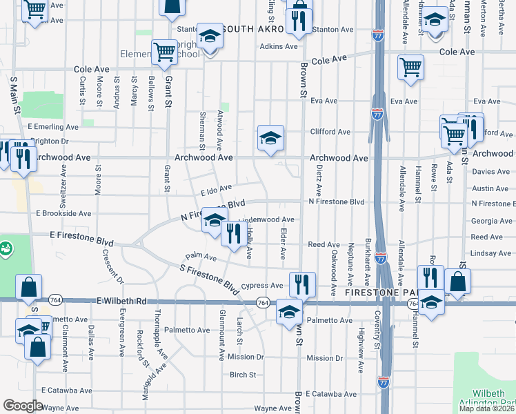 map of restaurants, bars, coffee shops, grocery stores, and more near 386 N Firestone Blvd in Akron