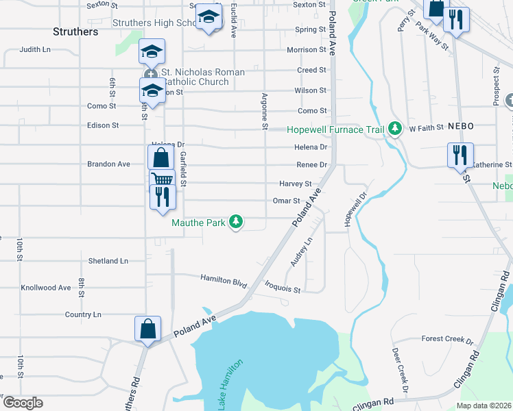 map of restaurants, bars, coffee shops, grocery stores, and more near 126 Omar St in Struthers