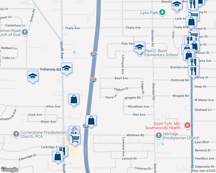 map of restaurants, bars, coffee shops, grocery stores, and more near 1750 Halbert Drive in Youngstown