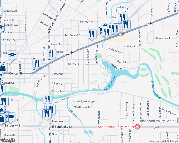 map of restaurants, bars, coffee shops, grocery stores, and more near 800 Center Street in Findlay