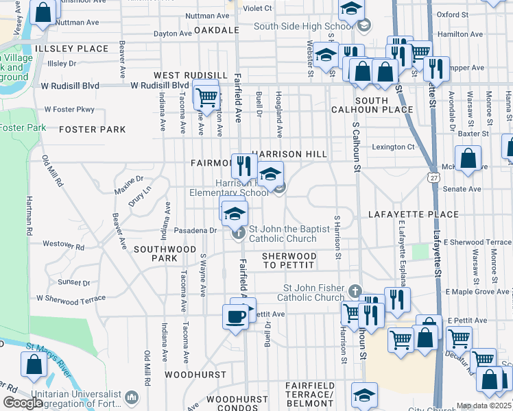 map of restaurants, bars, coffee shops, grocery stores, and more near 4330 Buell Drive in Fort Wayne