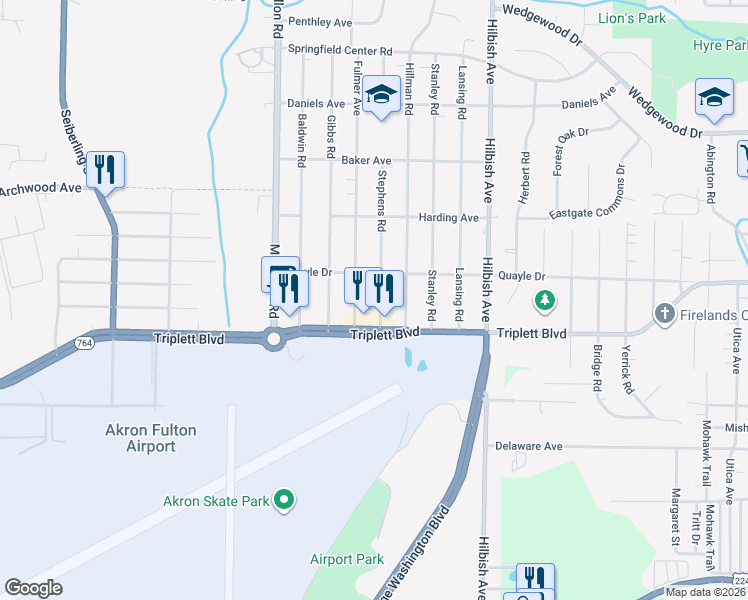 map of restaurants, bars, coffee shops, grocery stores, and more near 608 Stephens Road in Akron
