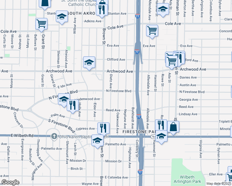 map of restaurants, bars, coffee shops, grocery stores, and more near 510 North Firestone Boulevard in Akron