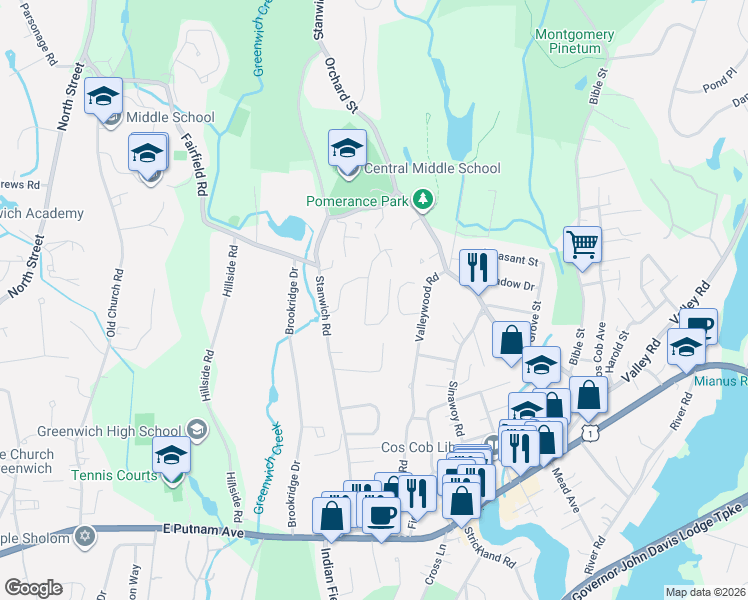 map of restaurants, bars, coffee shops, grocery stores, and more near 33 Bote Road in Greenwich