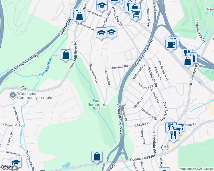 map of restaurants, bars, coffee shops, grocery stores, and more near 194 Canterbury Road in White Plains