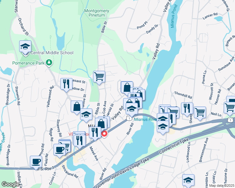 map of restaurants, bars, coffee shops, grocery stores, and more near 8 Rippowam Road in Greenwich