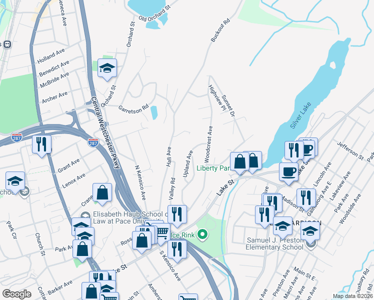 map of restaurants, bars, coffee shops, grocery stores, and more near 65 Upland Avenue in White Plains