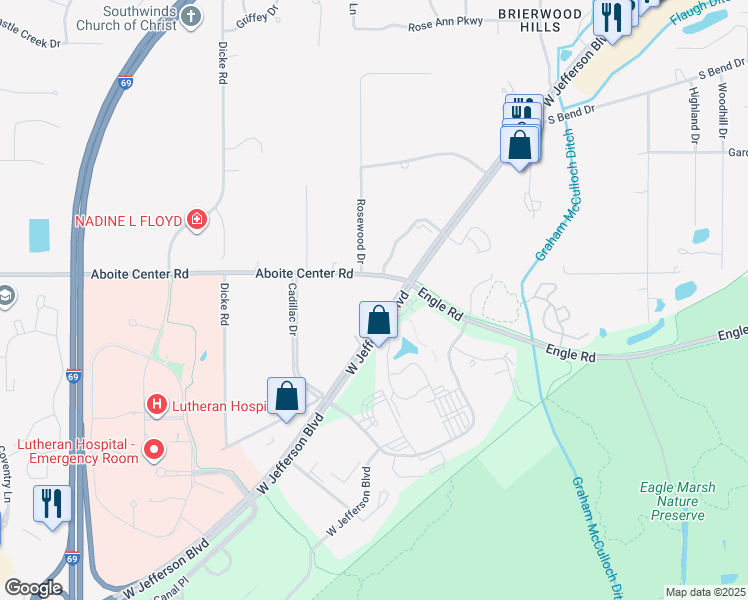 map of restaurants, bars, coffee shops, grocery stores, and more near 7430 West Jefferson Boulevard in Fort Wayne