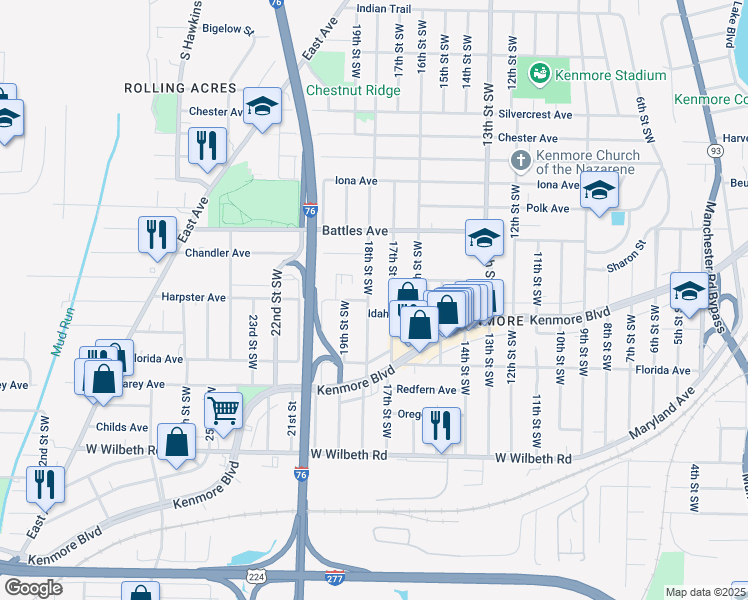 map of restaurants, bars, coffee shops, grocery stores, and more near 2181 18th Street Southwest in Akron