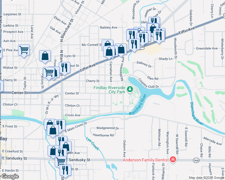 map of restaurants, bars, coffee shops, grocery stores, and more near 800 Center Street in Findlay