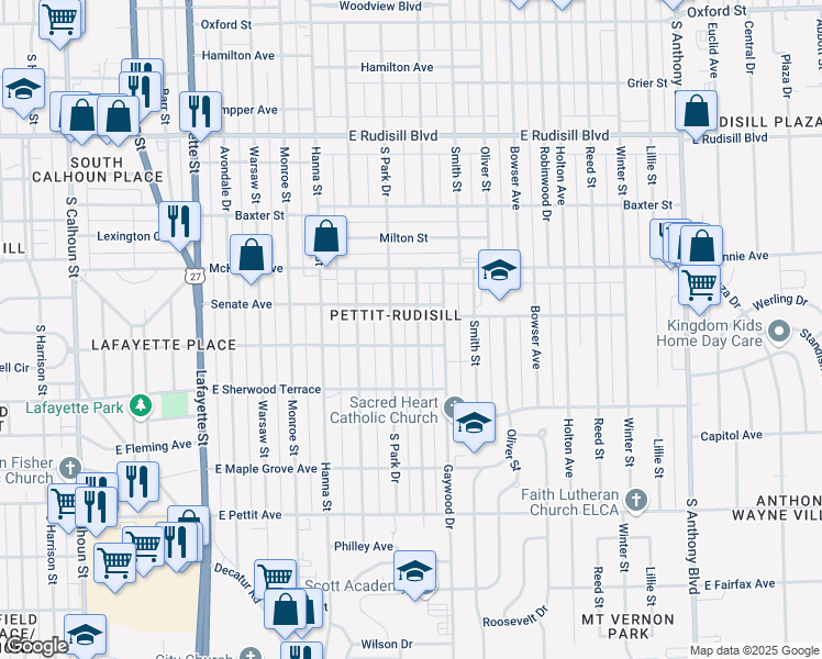 map of restaurants, bars, coffee shops, grocery stores, and more near 4421 Spatz Avenue in Fort Wayne