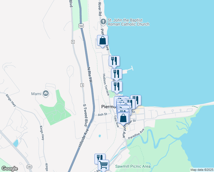 map of restaurants, bars, coffee shops, grocery stores, and more near 220 Hudson Terrace in Piermont