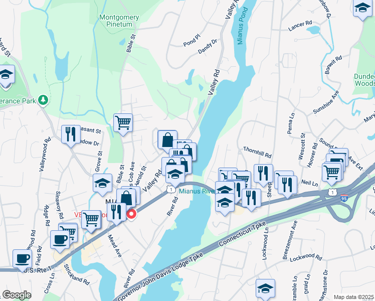 map of restaurants, bars, coffee shops, grocery stores, and more near 85 Valley Road in Greenwich