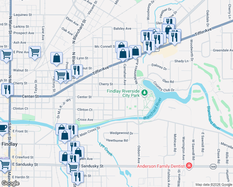 map of restaurants, bars, coffee shops, grocery stores, and more near 704 Center St in Findlay