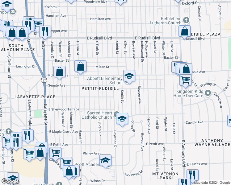 map of restaurants, bars, coffee shops, grocery stores, and more near 4423 Gaywood Drive in Fort Wayne