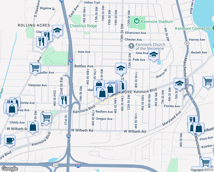 map of restaurants, bars, coffee shops, grocery stores, and more near 2176 15th Street Southwest in Akron