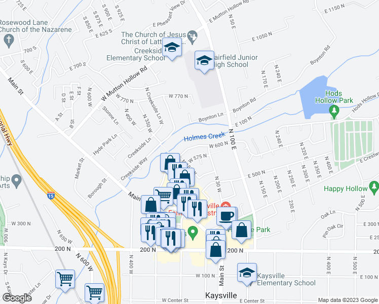 map of restaurants, bars, coffee shops, grocery stores, and more near 107 West 600 North in Kaysville