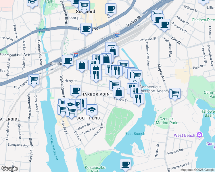 map of restaurants, bars, coffee shops, grocery stores, and more near 200 Henry Street in Stamford