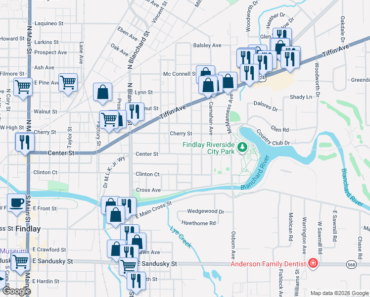 map of restaurants, bars, coffee shops, grocery stores, and more near 640 Center Street in Findlay