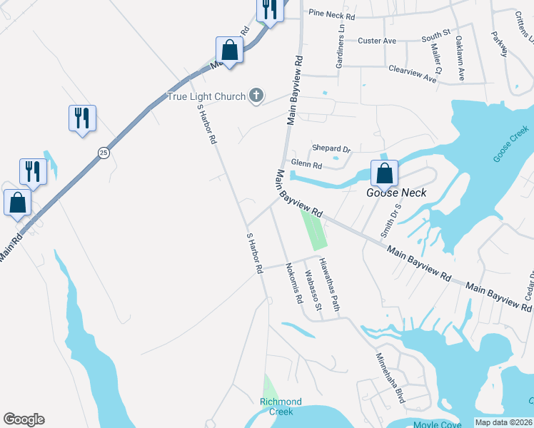 map of restaurants, bars, coffee shops, grocery stores, and more near 120 Nokomis Road in Southold