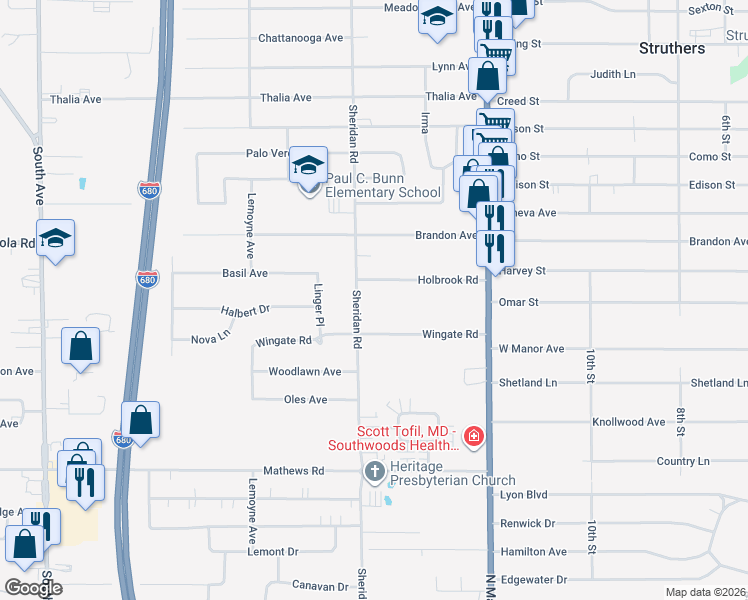 map of restaurants, bars, coffee shops, grocery stores, and more near 5321 Sheridan Road in Youngstown