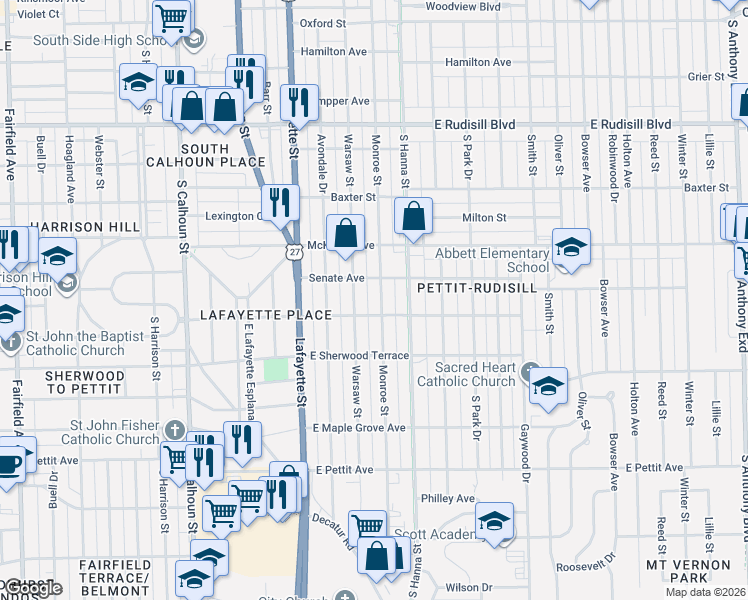 map of restaurants, bars, coffee shops, grocery stores, and more near 4423 Warsaw Street in Fort Wayne