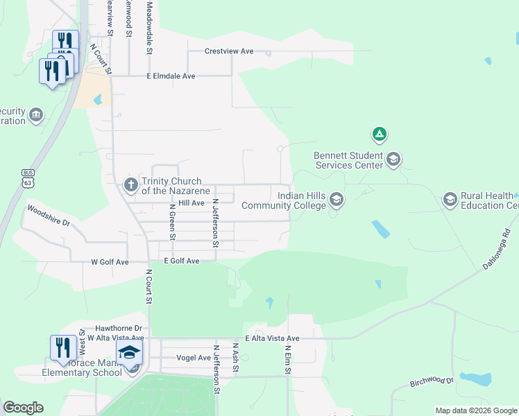 map of restaurants, bars, coffee shops, grocery stores, and more near 16 Weaver Drive in Ottumwa
