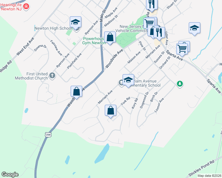 map of restaurants, bars, coffee shops, grocery stores, and more near 106 Merriam Avenue in Newton