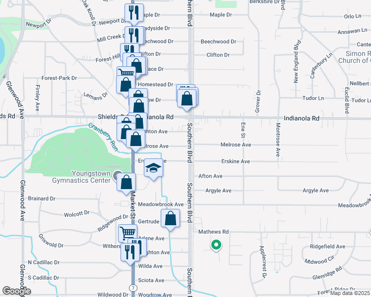 map of restaurants, bars, coffee shops, grocery stores, and more near 5308 Southern Boulevard in Youngstown