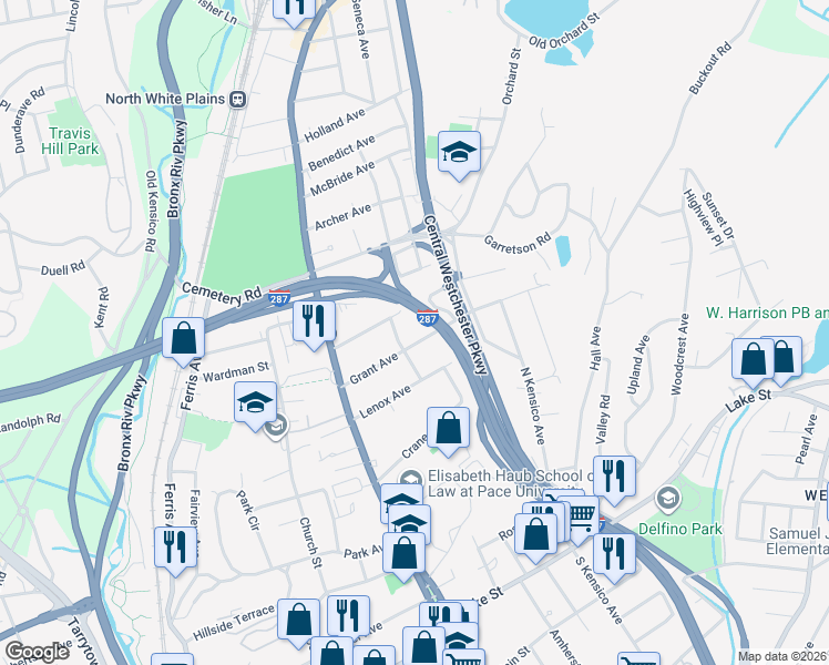 map of restaurants, bars, coffee shops, grocery stores, and more near 76 Grant Avenue in White Plains