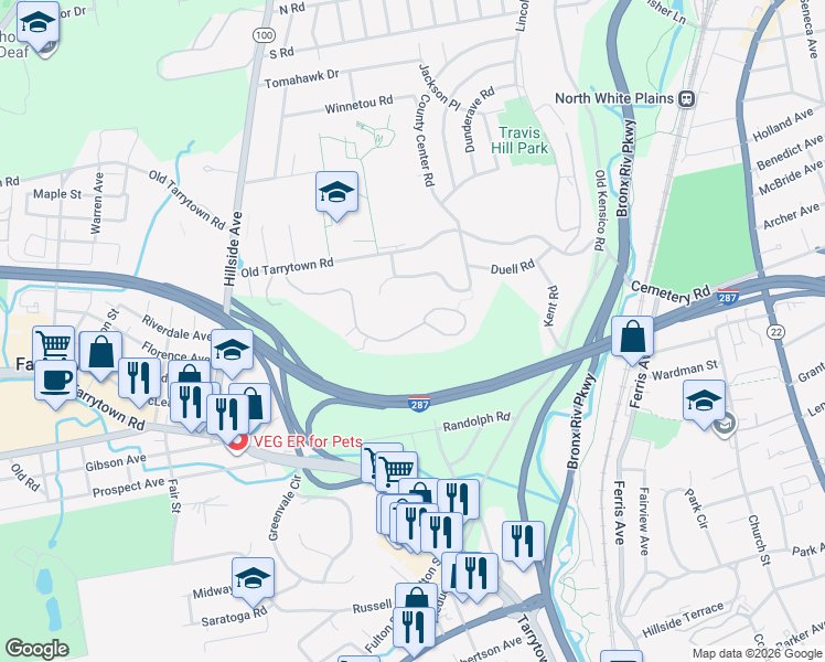 map of restaurants, bars, coffee shops, grocery stores, and more near 74 Winding Ridge Road in White Plains