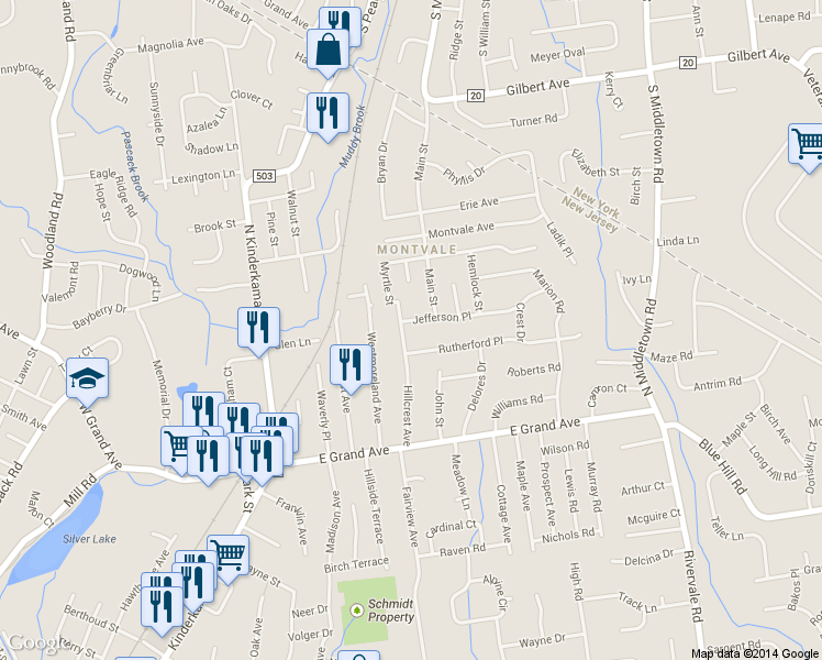 map of restaurants, bars, coffee shops, grocery stores, and more near 47 Hillcrest Avenue in Montvale