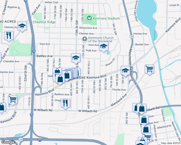 map of restaurants, bars, coffee shops, grocery stores, and more near 2163 11th Street Southwest in Akron