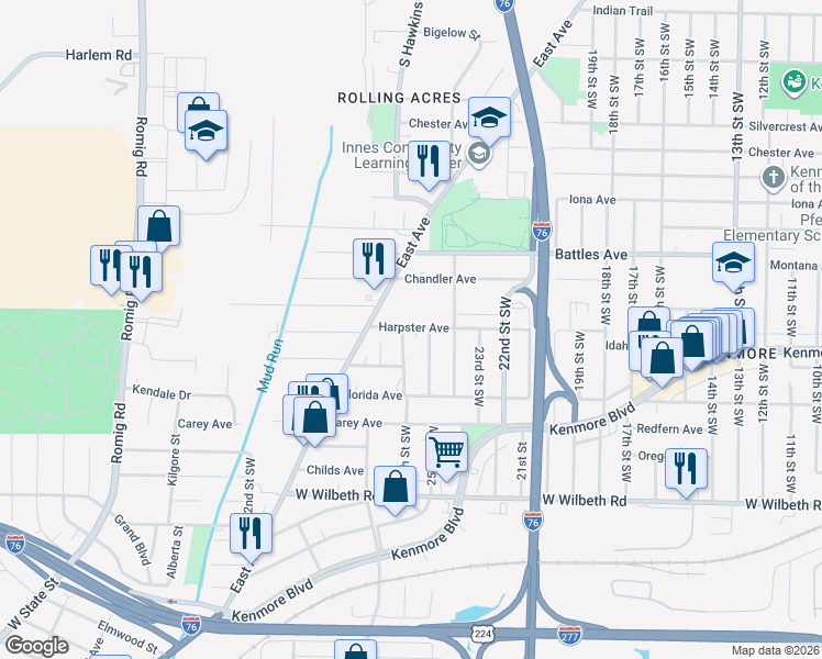 map of restaurants, bars, coffee shops, grocery stores, and more near 1187 Harpster Avenue in Akron