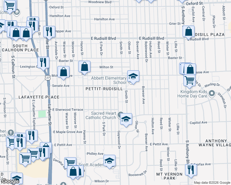 map of restaurants, bars, coffee shops, grocery stores, and more near 4421 Spatz Avenue in Fort Wayne