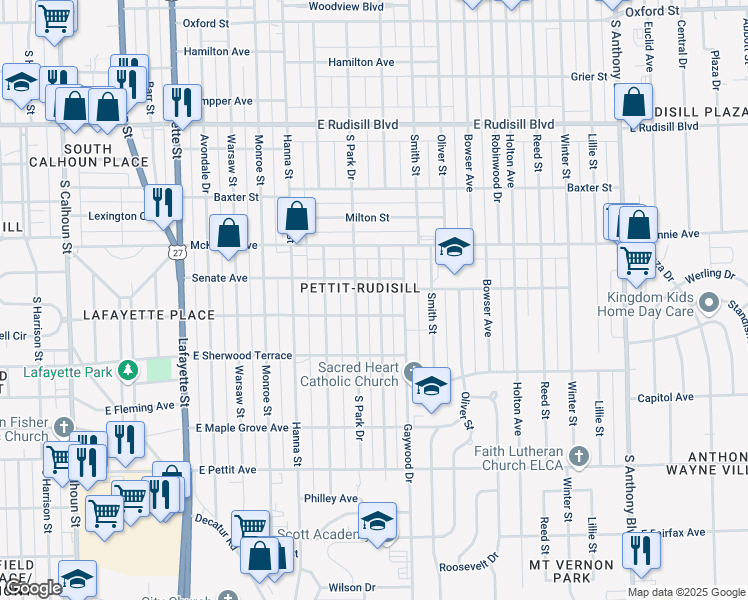 map of restaurants, bars, coffee shops, grocery stores, and more near 4421 Spatz Avenue in Fort Wayne