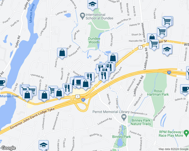 map of restaurants, bars, coffee shops, grocery stores, and more near 10 Reed Lane in Greenwich
