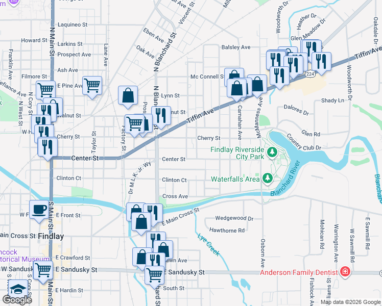 map of restaurants, bars, coffee shops, grocery stores, and more near 604 Center St in Findlay